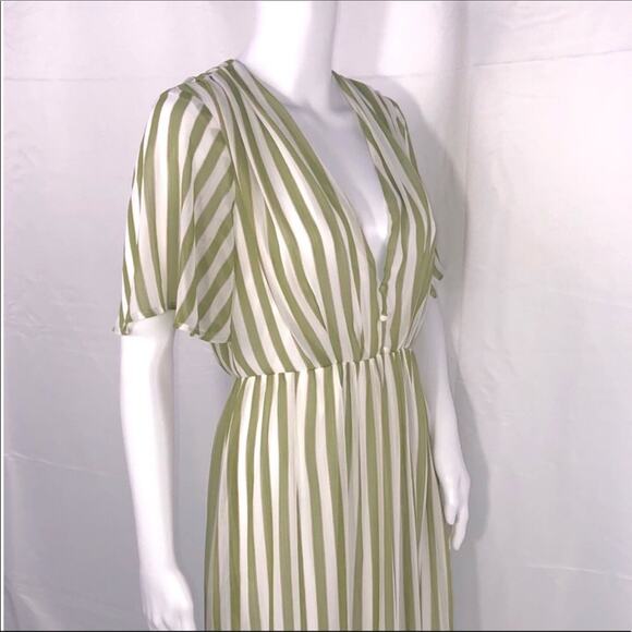SMY MuMu Cream Olive Green Stripes V-Neck Short Sleeves Midi Dress SzM NWT - Picture 13 of 16